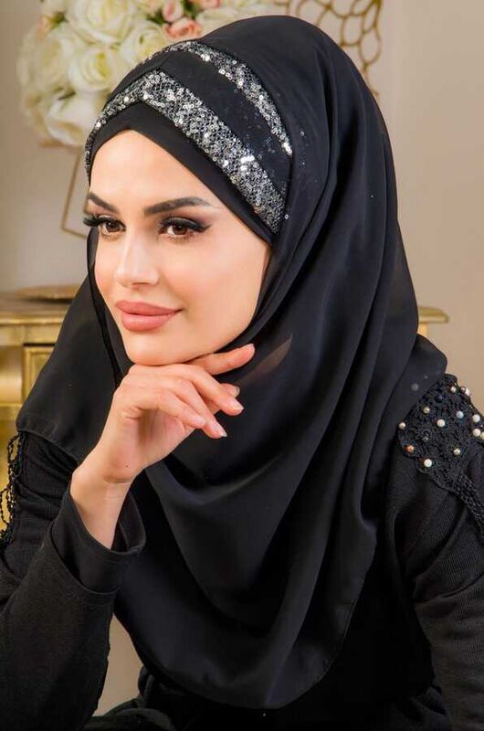Siyah Antrasit Pullu Çapraz Bant Abiye Double Şal