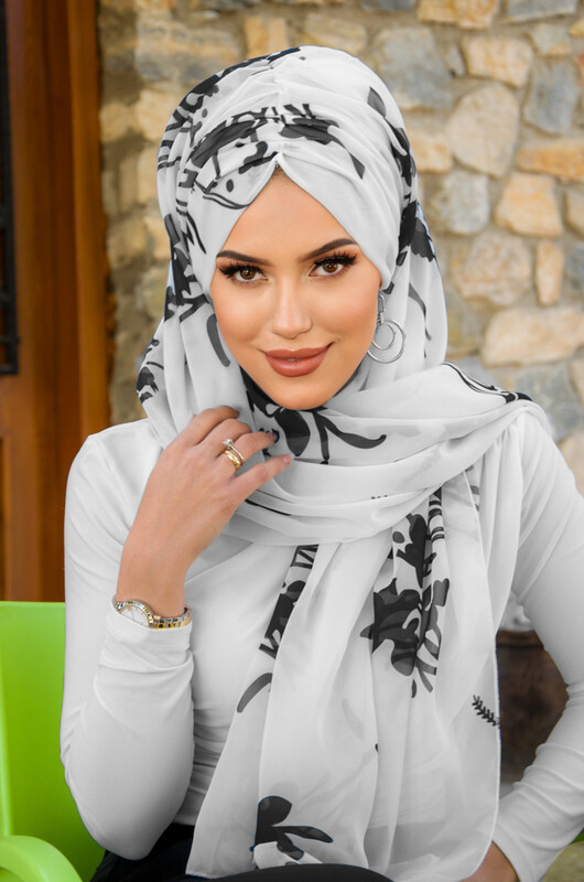 - Siyah Beyaz Çiçek Desen Hazır Şal (1)