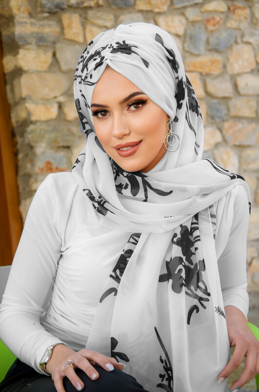  - Siyah Beyaz Çiçek Desen Hazır Şal