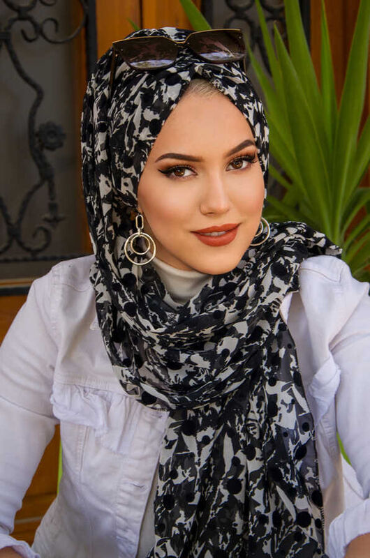 Siyah Beyaz Desen Hazır Şifon Şal