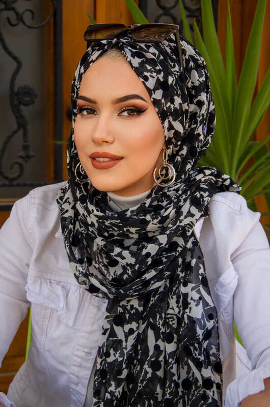 Siyah Beyaz Desen Hazır Şifon Şal