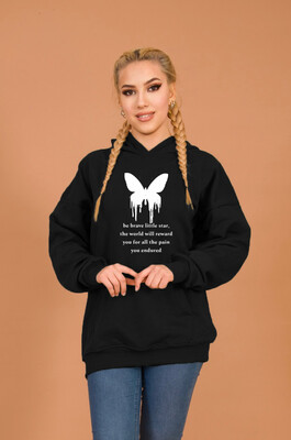 Aişe Tesettür - Siyah Beyaz Kelebek askılı Kapüşonlu Oversize Sweatshirt