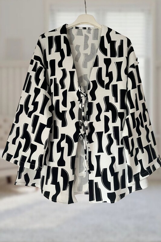  - Siyah Beyaz Önü Bağlamalı Kimono Tunik