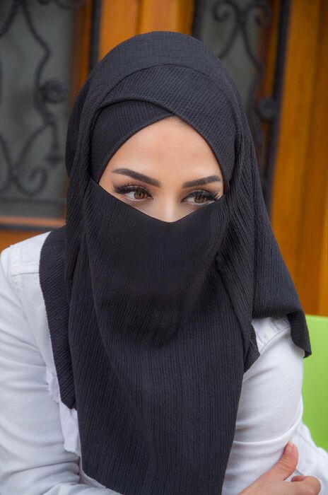 Siyah Bürümcük Çapraz Bantlı Medium Size Hijab - Hazır Şal