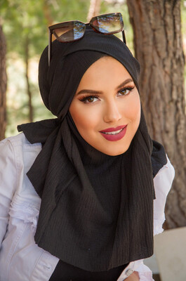 Siyah Bürümcük Çapraz Bantlı Medium Size Hijab - Hazır Şal - Thumbnail