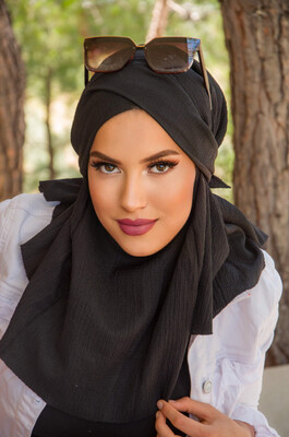 Siyah Bürümcük Çapraz Bantlı Medium Size Hijab - Hazır Şal - Thumbnail