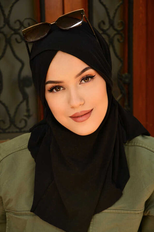 Siyah Çapraz Bantlı Medium Size Hijab - Hazır Şal
