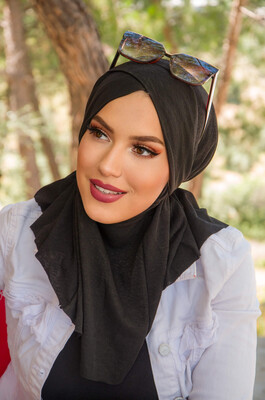 Siyah Çapraz Bantlı Medium Size Hijab - Hazır Şal - Thumbnail