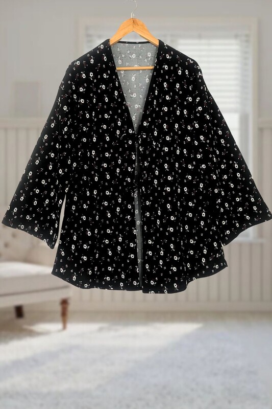  - Siyah Çiçekli Önü Bağlamalı Kimono Tunik / Likralı Yazlık Kumaş