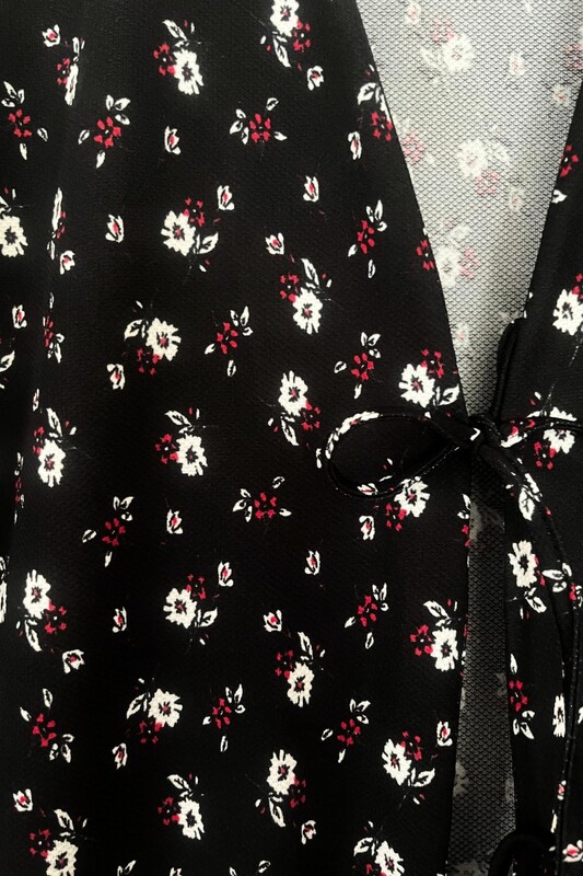  - Siyah Çiçekli Önü Bağlamalı Kimono Tunik / Likralı Yazlık Kumaş (1)