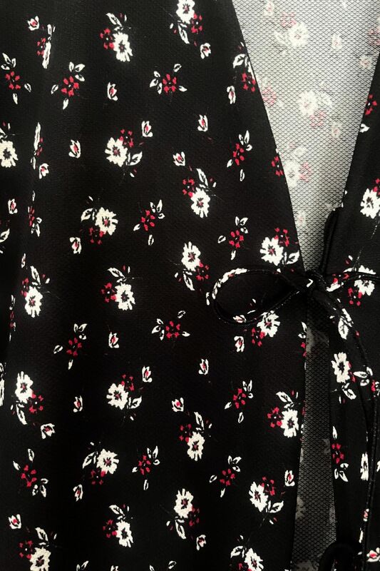 Siyah Çiçekli Önü Bağlamalı Kimono Tunik / Likralı Yazlık Kumaş