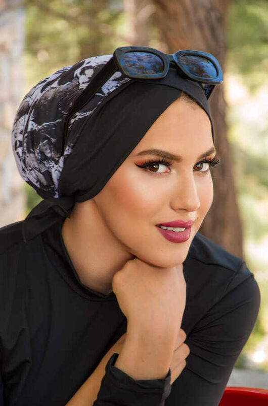Siyah Ebru Çapraz Deniz - Havuz Bonesi