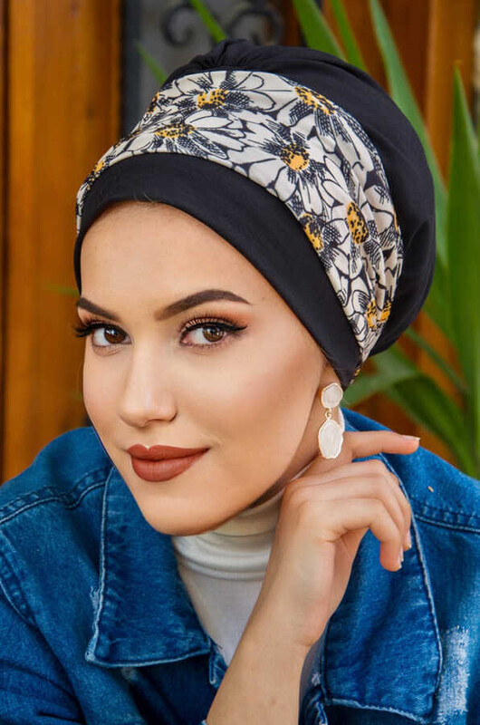  - Siyah Ekru Desen Bantlı Bone