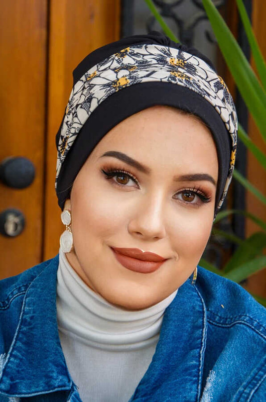 Siyah Ekru Desen Bantlı Bone - Thumbnail