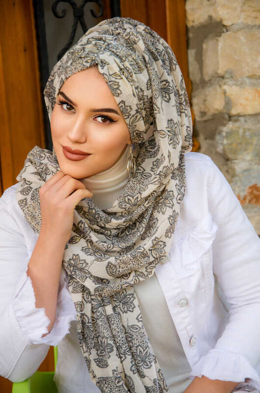 Siyah Ekru Etnik Şifon Hazır Şal - 50600