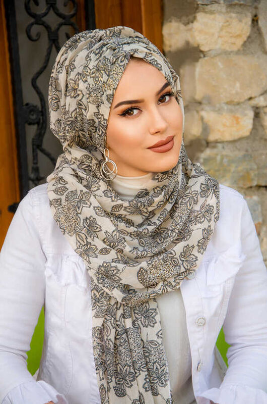 Siyah Ekru Etnik Şifon Hazır Şal - 50600