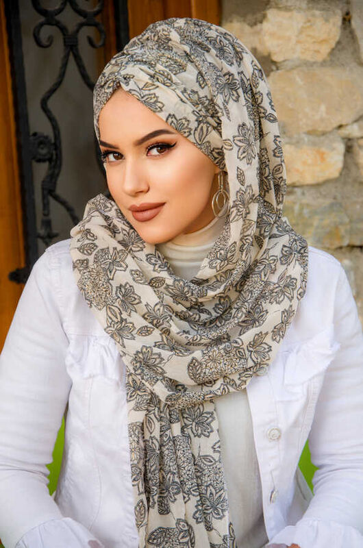 Siyah Ekru Etnik Şifon Hazır Şal - 50600