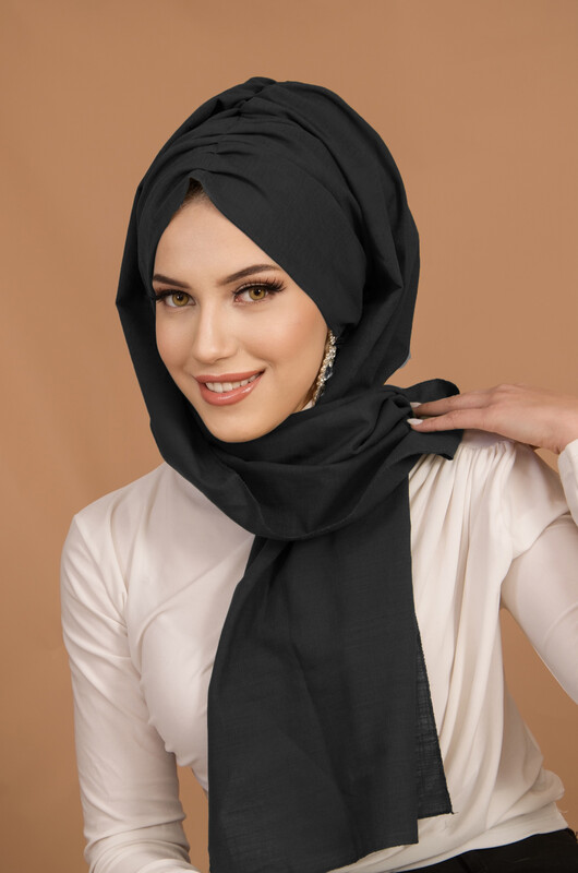  - Siyah Flamlı Keten Kelebek Model Büzgülü Bone Şal