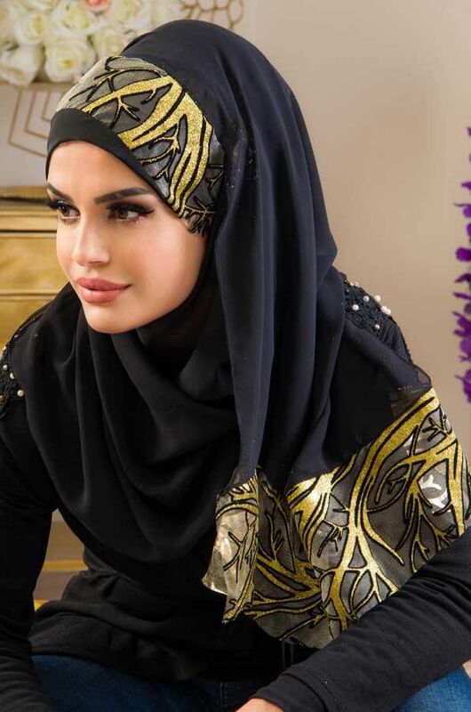 Siyah Gold yaprak Payetli Abiye Double Şal