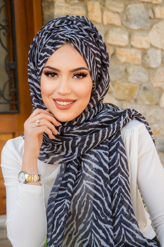  - Siyah Gri Zebra Desen Hazır Şal