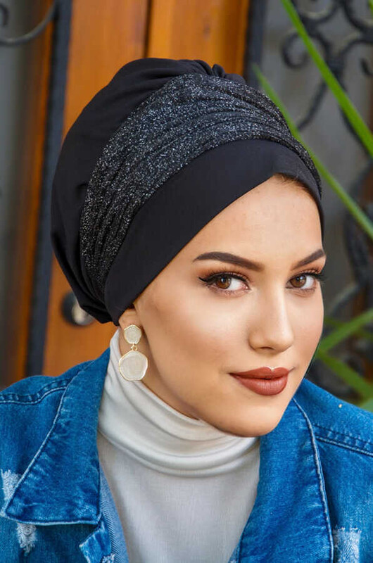 Siyah Gümüş Işıltılı Pilise Bantlı Bone - Thumbnail