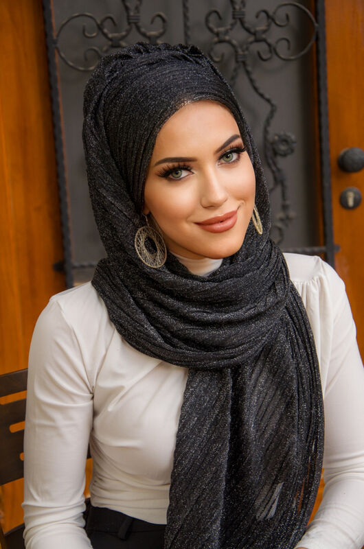 Siyah Gümüş Piliseli Drape Abiye Şal