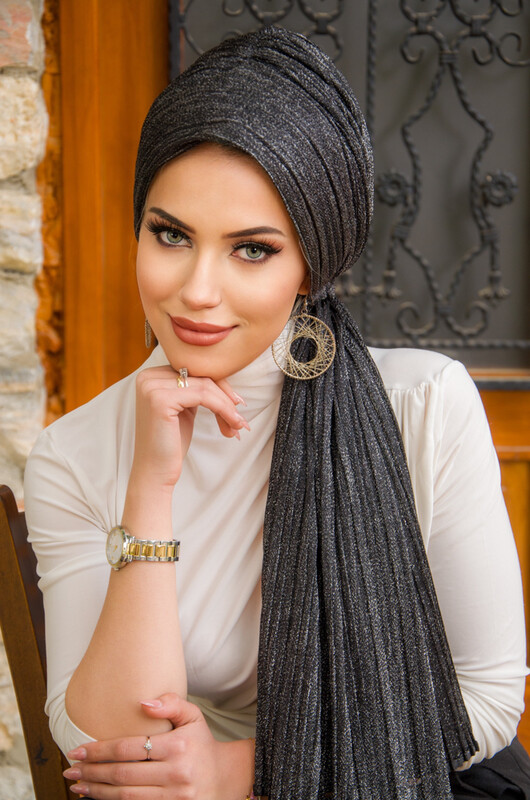 - Siyah Gümüş Piliseli Kelebek Model Bantlı Abiye Bone Şal (1)