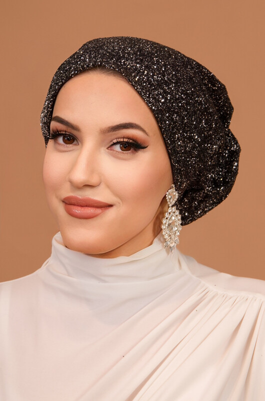 Siyah Gümüş Simli Çağla Abiye Hazır Türban Bone - Thumbnail
