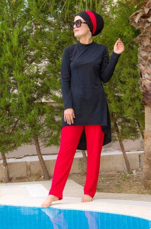 Siyah Kırmızı Tesettür Mayo