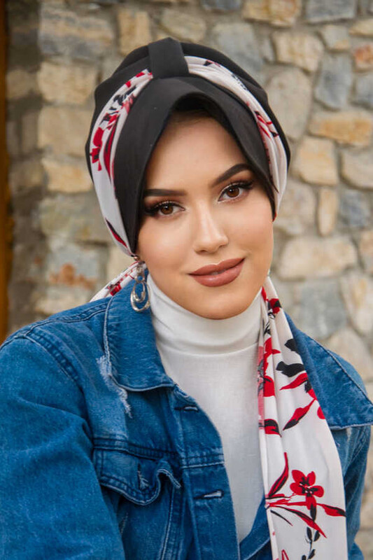 Aişe Tesettür - Siyah Kırmızı Yaprak Desen Fularlı Şapka Bone