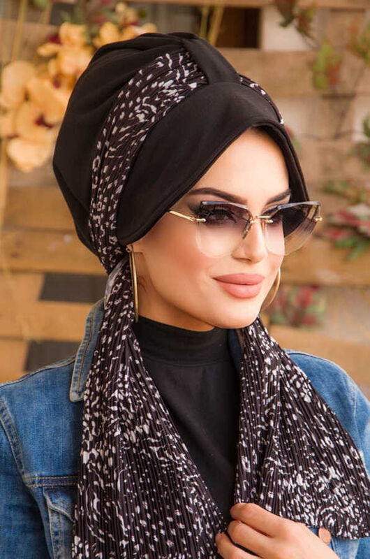 Siyah Leopar Desen Fularlı Şapka Bone