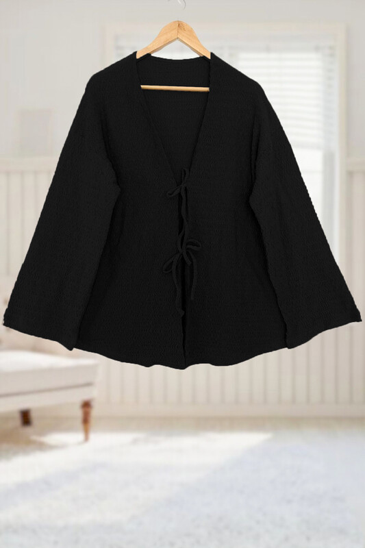  - Siyah Önü Bağlamalı Kimono Tunik / Likralı Ütü İstemez Kumaş