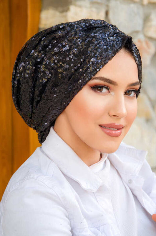 Siyah Payet Abiye Tokalı Bone