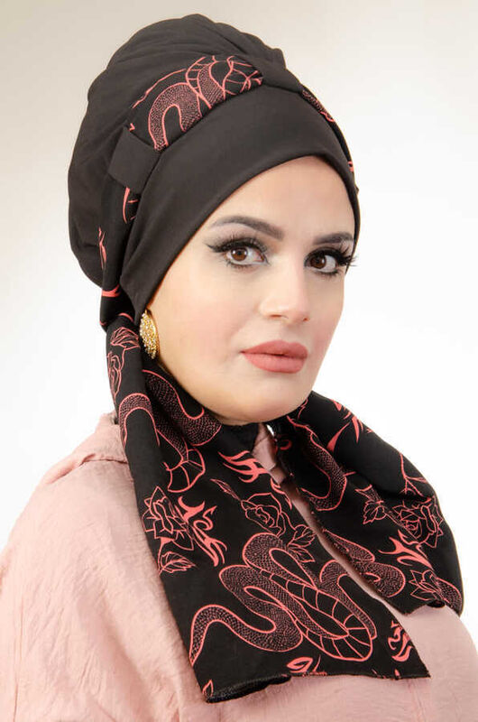 Siyah Mercan Desen Fularlı Bone