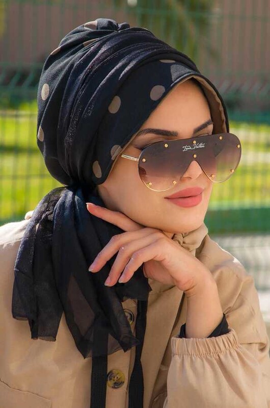 Siyah Puan Desenli Şapkalı Bone - Thumbnail