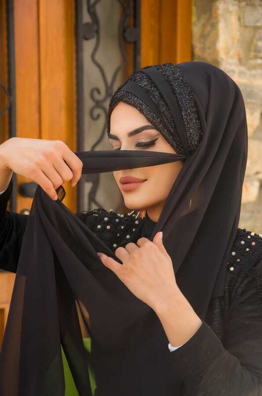 Siyah Drapeli Hazır Abiye Şal - 50500 - Thumbnail