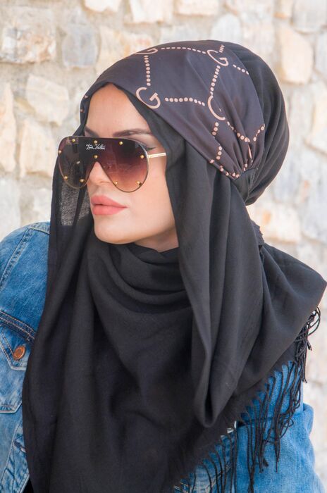 Siyah Vizon Desenli Bandana Hijab - 50102