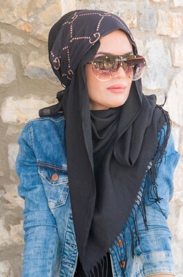 Siyah Vizon Desenli Bandana Hijab - 50102 - Thumbnail