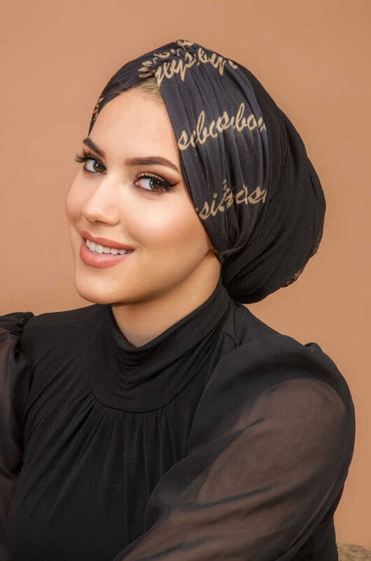 Siyah Yazı Kelebek Model Büzgülü Bone Şal