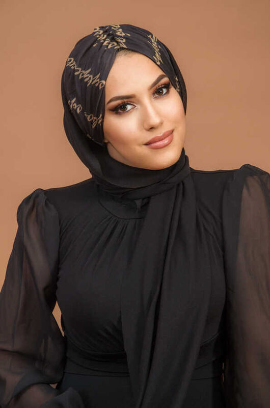 Siyah Yazı Kelebek Model Büzgülü Bone Şal