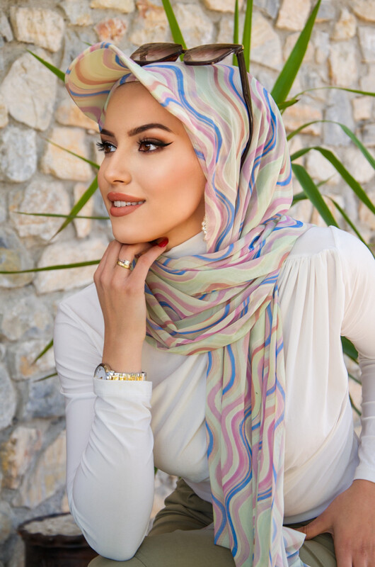Aişe Tesettür - Soft Renkler Geometrik Desen Kepli Bandana Şapka Şal (1)