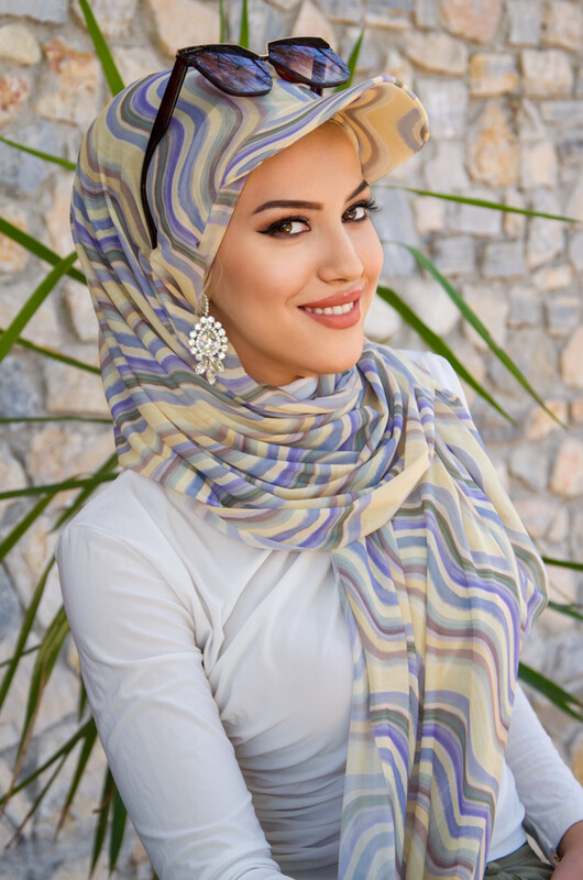 Soft Tonlar Geometrik Desen Kepli Bandana Şapka Şal - Thumbnail
