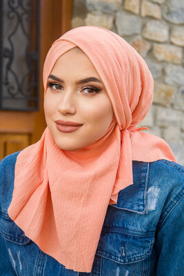 Aişe Tesettür - Somon Bürümcük Çapraz Bantlı Medium Size Hijab - Hazır Şal