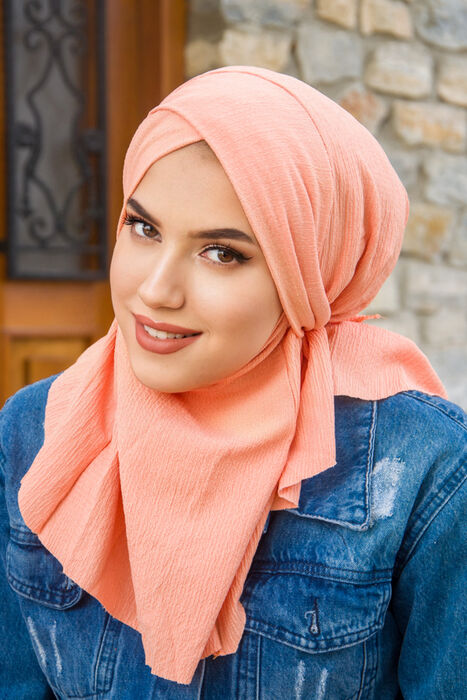 Somon Bürümcük Çapraz Bantlı Medium Size Hijab - Hazır Şal