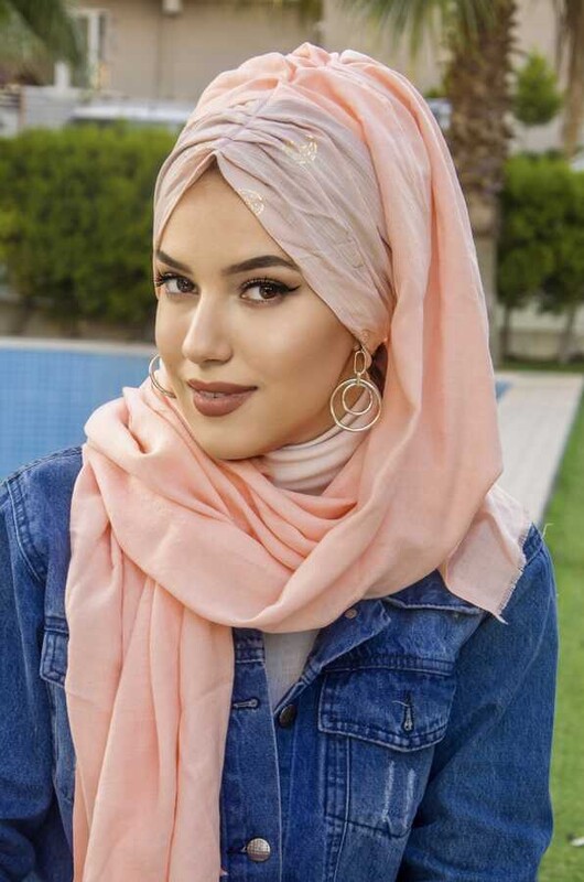 Somon Varaklı Büzgülü Hazır Şal - Thumbnail