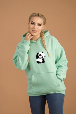 Aişe Tesettür - Su Yeşili Panda Baskılı Kapüşonlu Oversize Sweatshirt