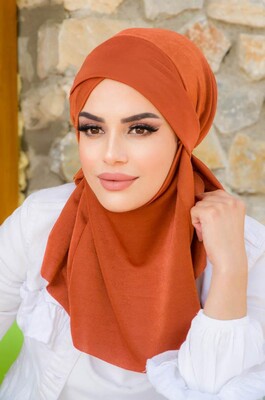 Aişe Tesettür - Taba Çapraz Bantlı Medium Size Hijab - Hazır Şal