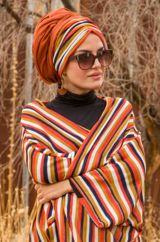 Aişe Tesettür - Taba Çizgili Triko Abaya & Şal Takım - 10403 (1)