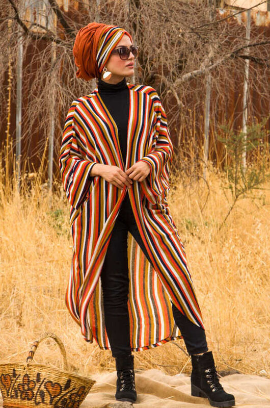 Taba Çizgili Triko Abaya & Şal Takım - 10403
