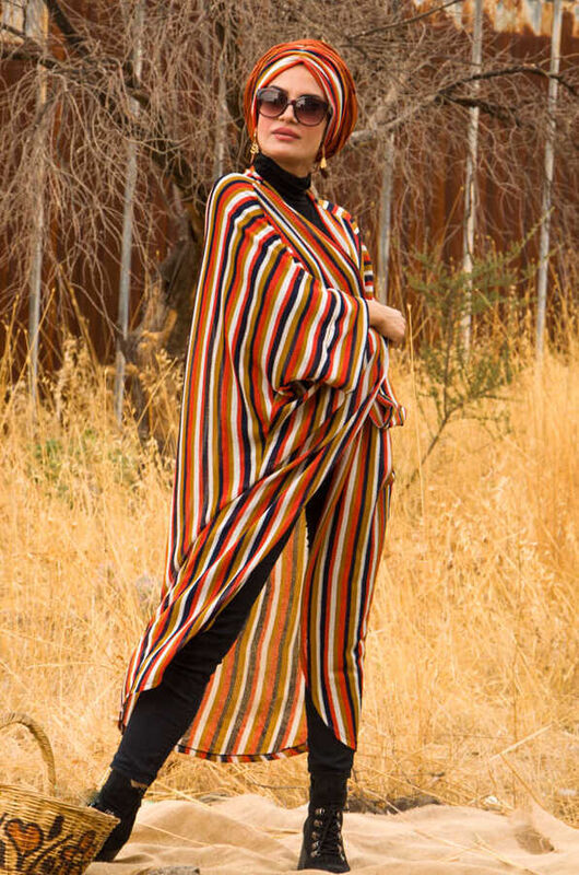 Taba Çizgili Triko Abaya & Şal Takım - 10403